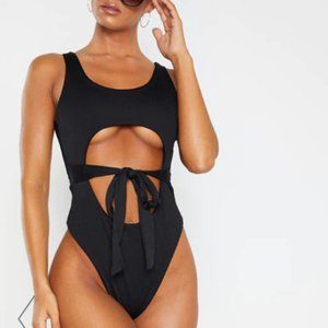 Pretty Little Thing Black Cut Out Belted Swimsuit